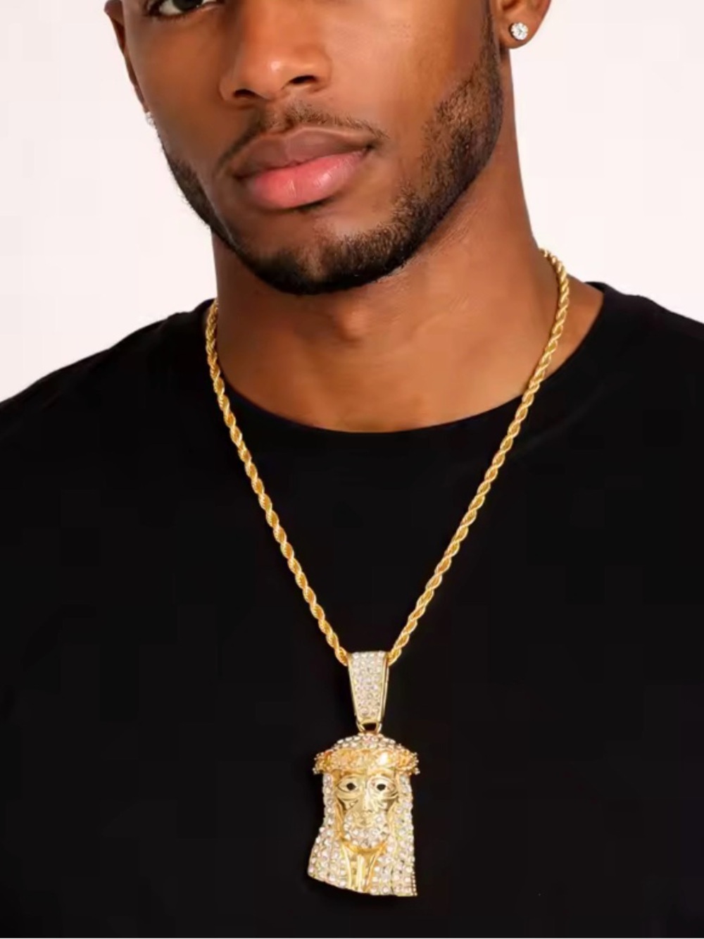 Gold-Tone CZ Jesus Piece Pendant Necklace - Men Accessories